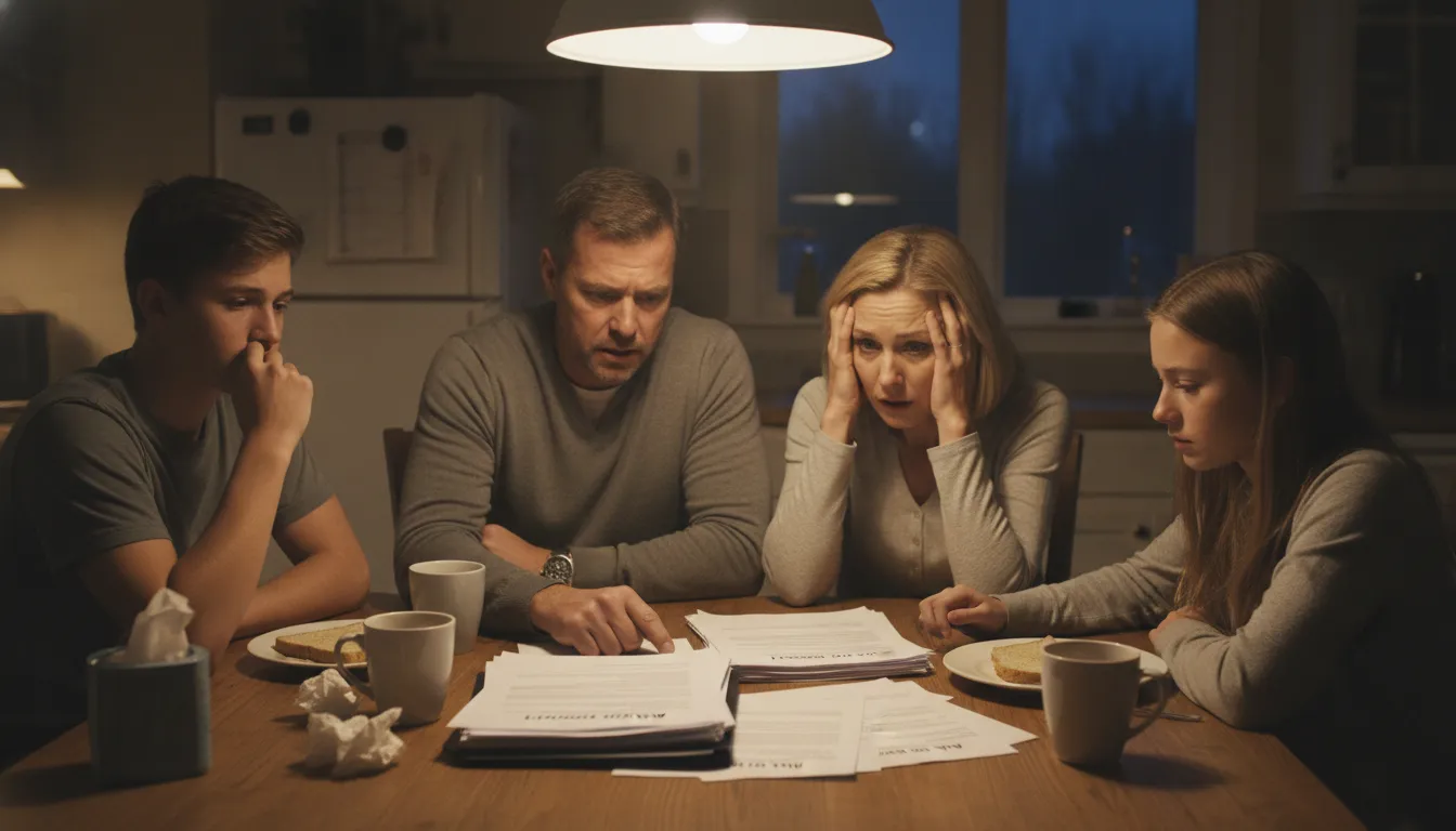 Family reviewing bail bond paperwork at home worried about co-signer liability