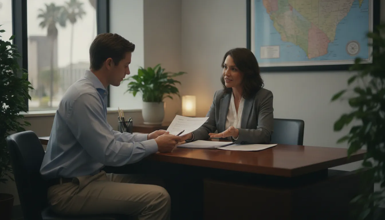 A person reviewing bail bond contract details with a bail bond agent