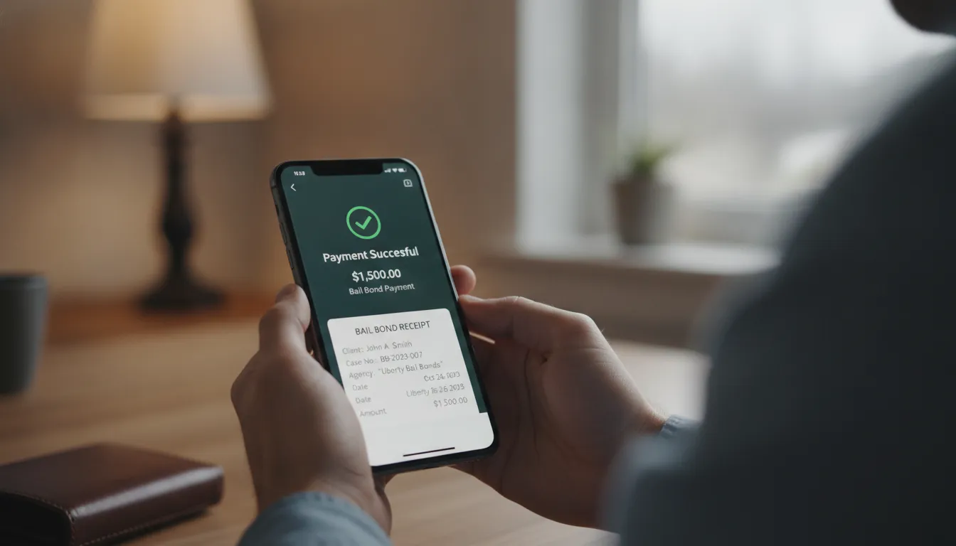 Person holding a smartphone with a secure bail bond payment confirmation on the screen