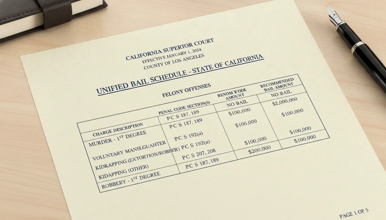 How much is bail for a felony in California bail schedule document with court stamp