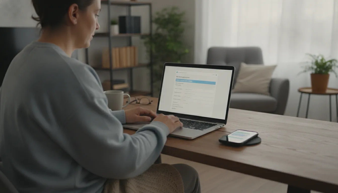 Person at a home desk using a laptop to complete digital bail bond paperwork