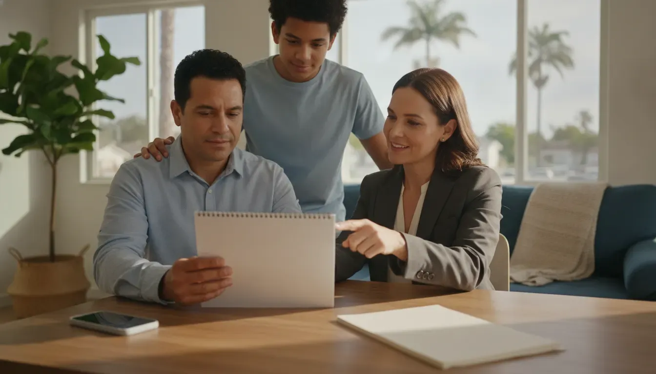 Family reviewing California bail bond release conditions with a support professional