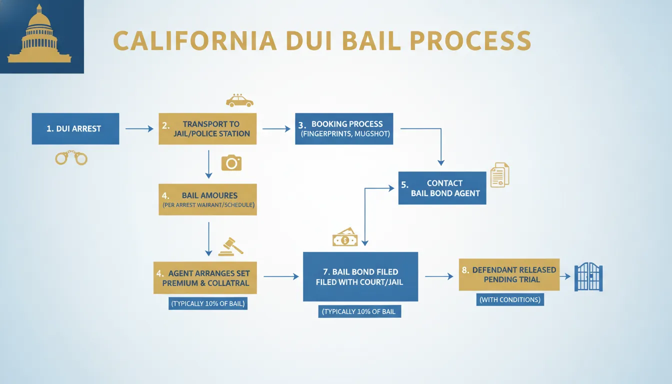 Bail process flowchart showing steps from DUI arrest through booking, bail agent contact, bond posting, and release