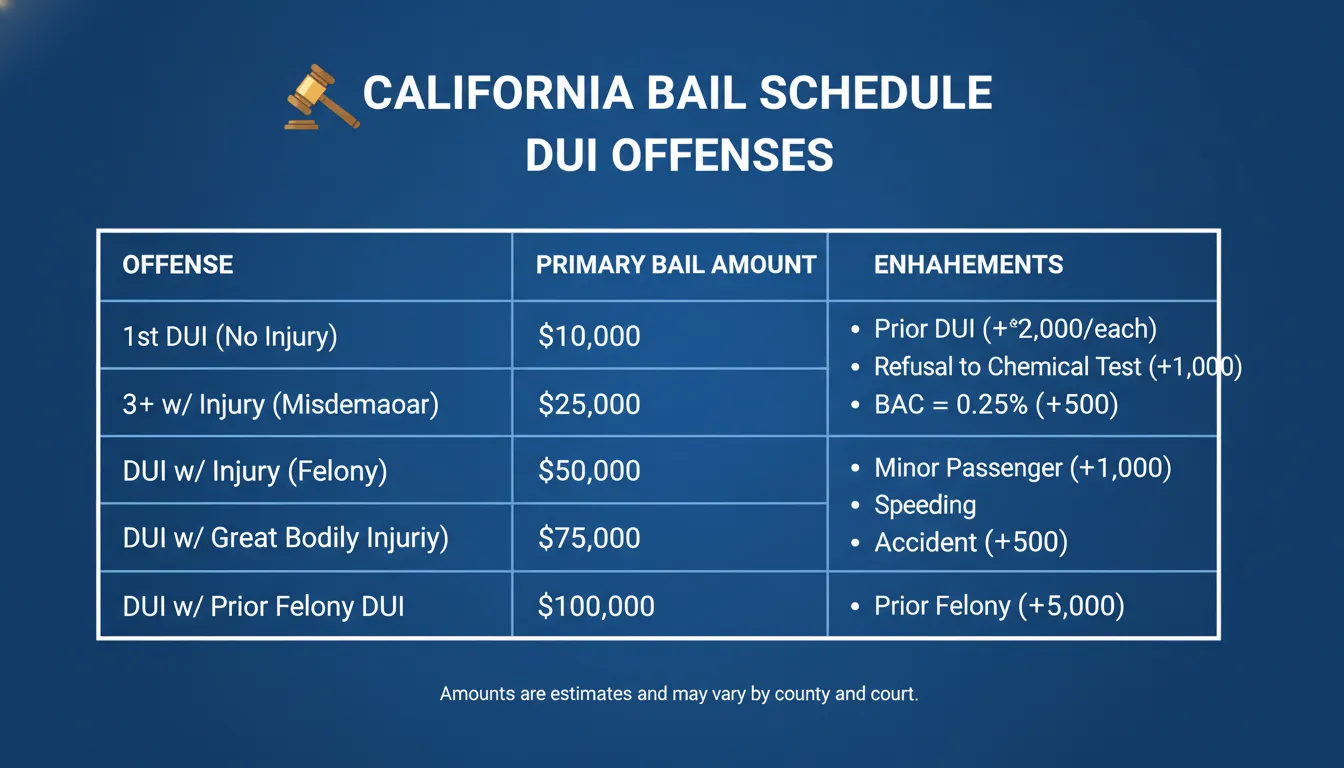 California DUI bail schedule chart showing amounts from 5000 to 100000 dollars by offense level
