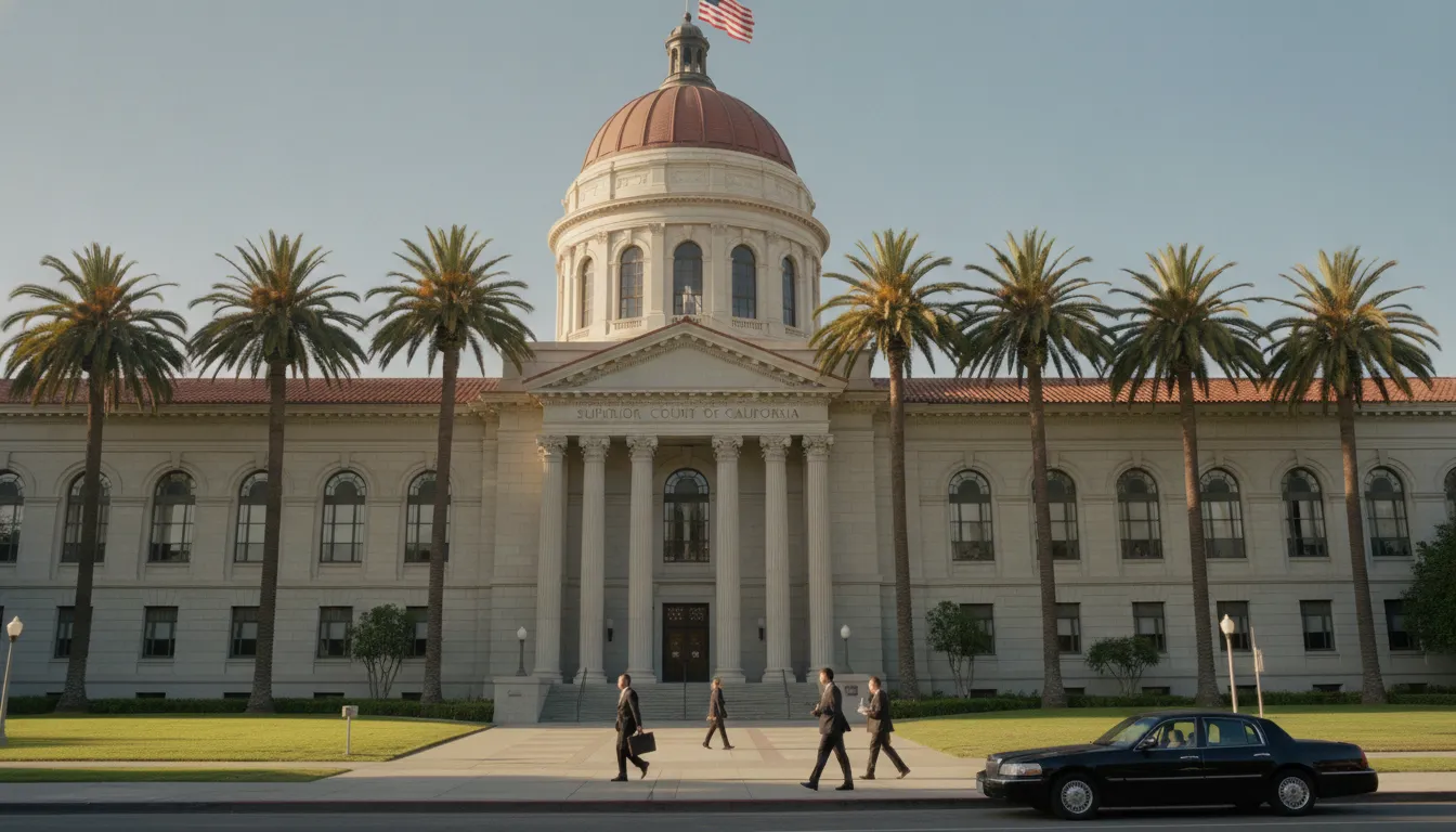 California courthouse exterior with American flag flying