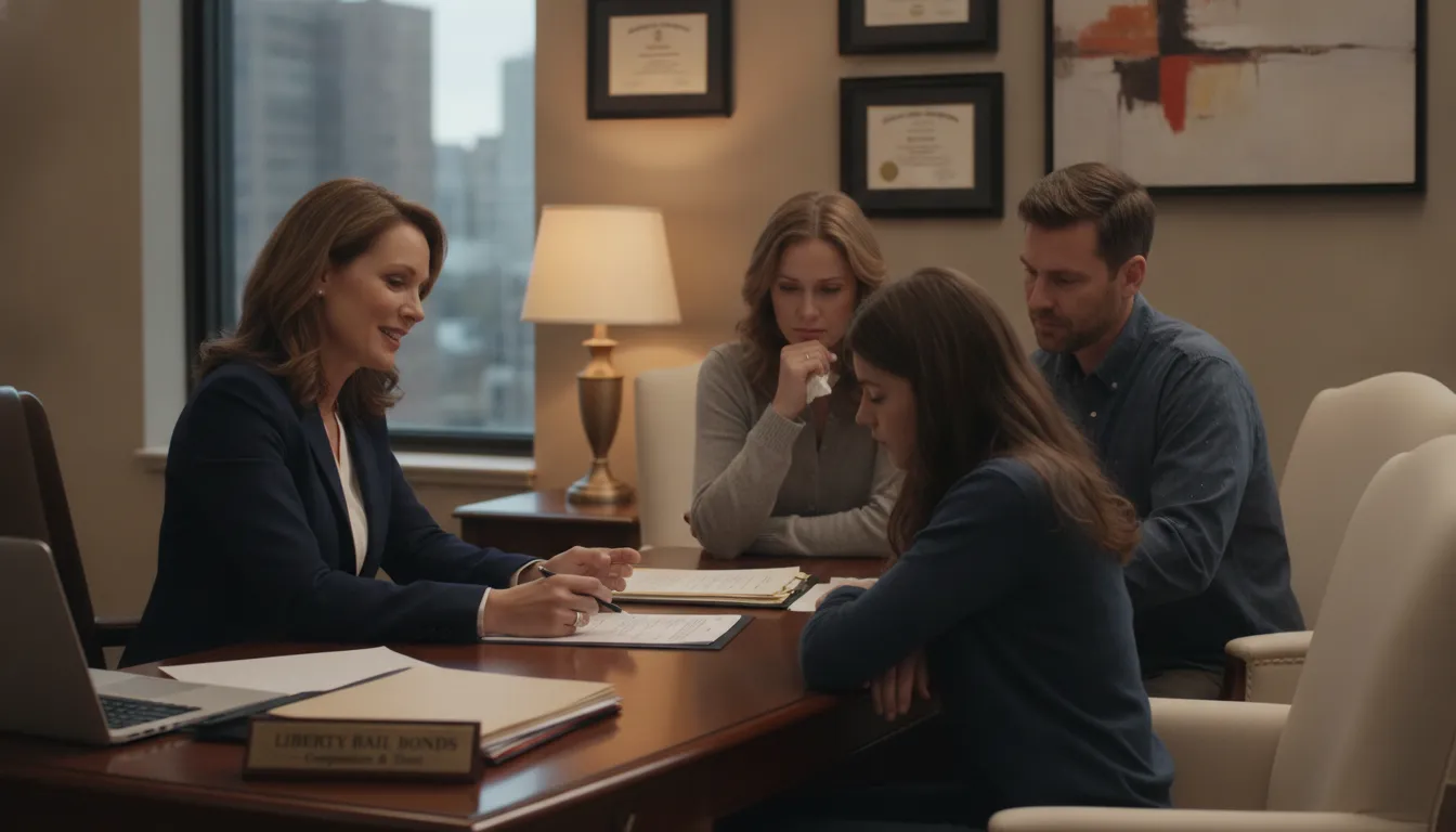 Bail bonds agent meeting with a family at a desk, discussing paperwork and bail options in a warm professional office