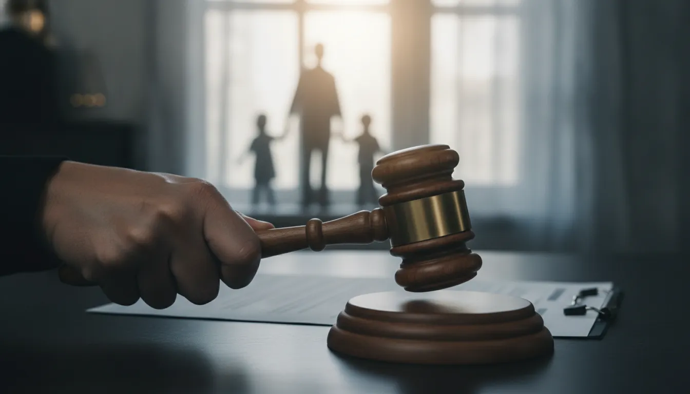 Legal gavel with a family silhouette blurred in the background representing domestic violence legal proceedings and bail hearings