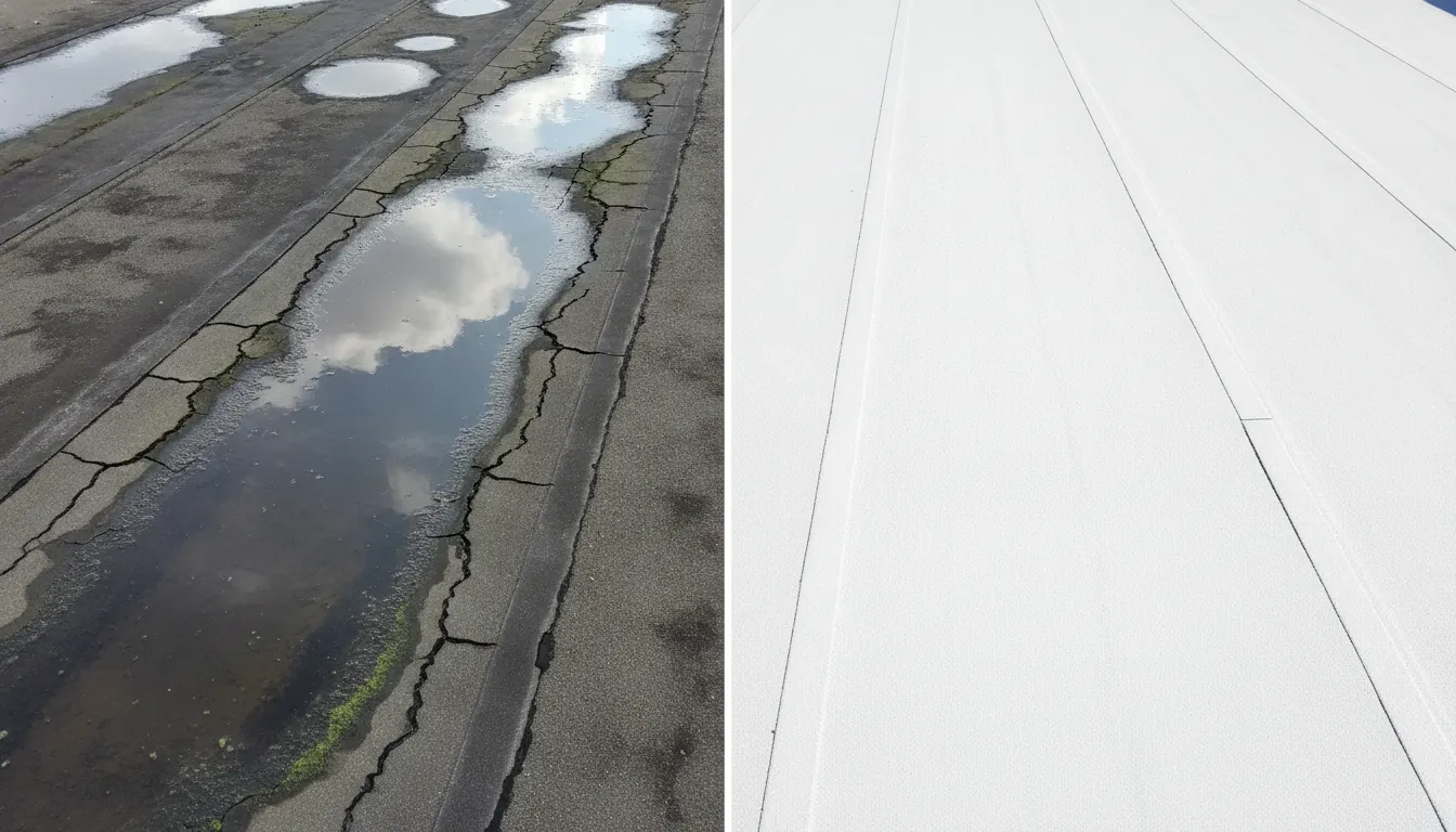 Side-by-side comparison of damaged commercial roof membrane versus newly installed commercial roofing system