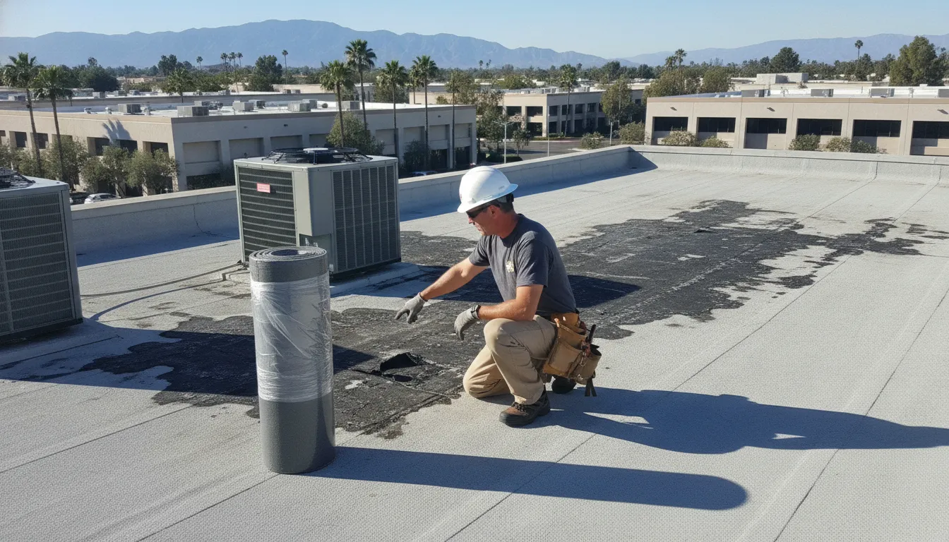 Commercial roofing contractor inspecting membrane damage on a flat commercial roof in Southern California