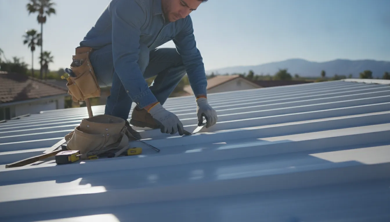 Professional inspecting a reflective cool roof in California