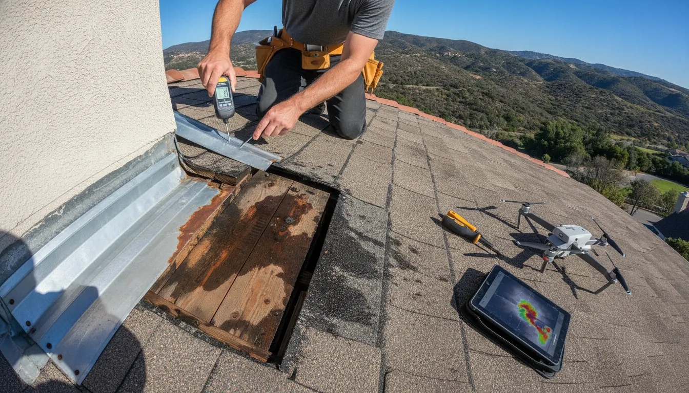 Forensic roof inspector checking flashing with a moisture meter