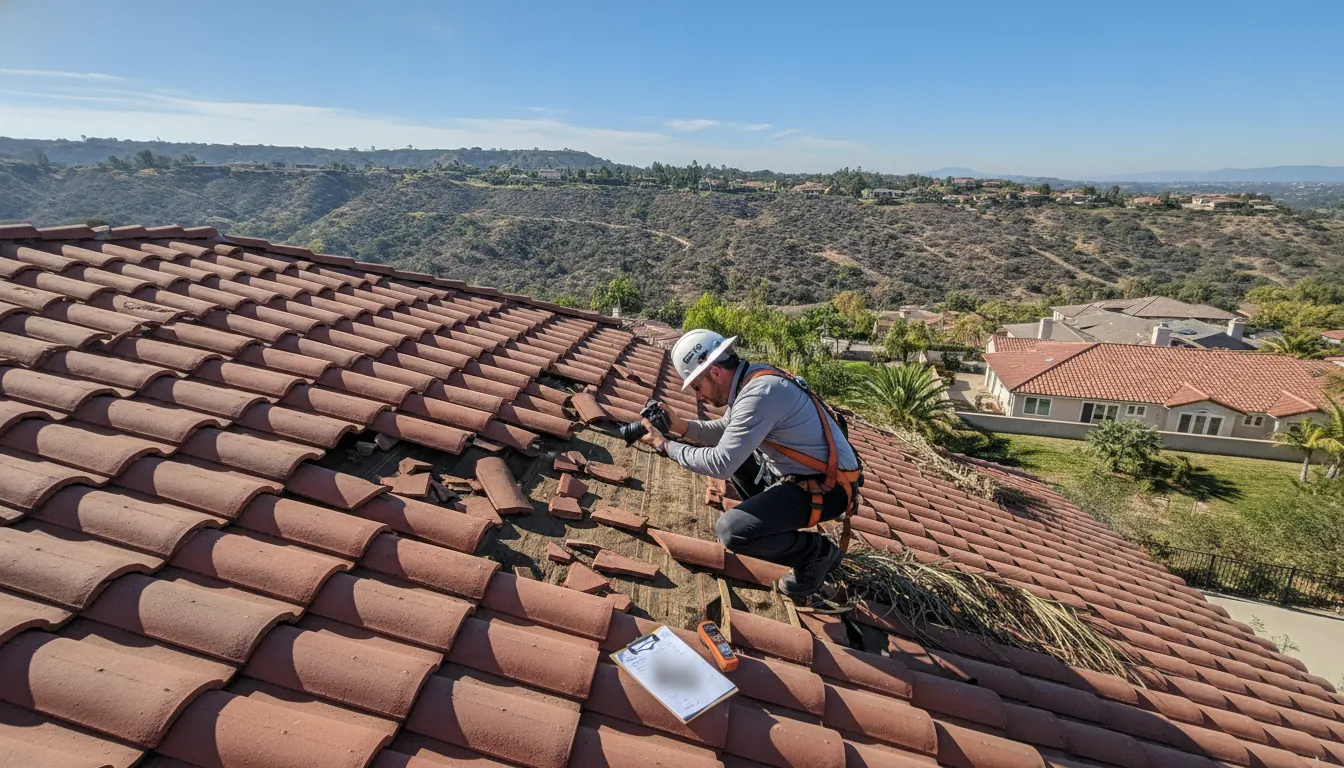 Inspector documenting storm damage during a forensic roof inspection