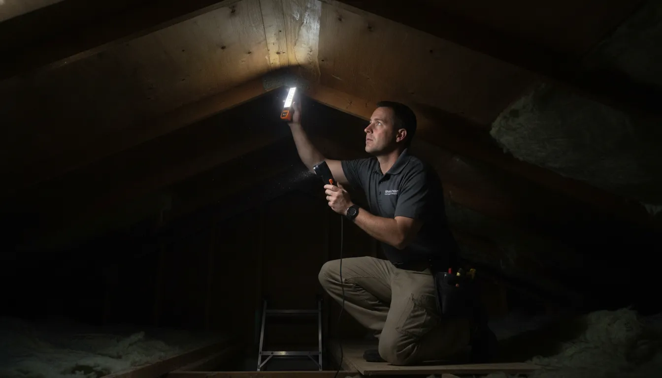 Roofing contractor using a moisture meter to inspect an attic ceiling for hidden water damage