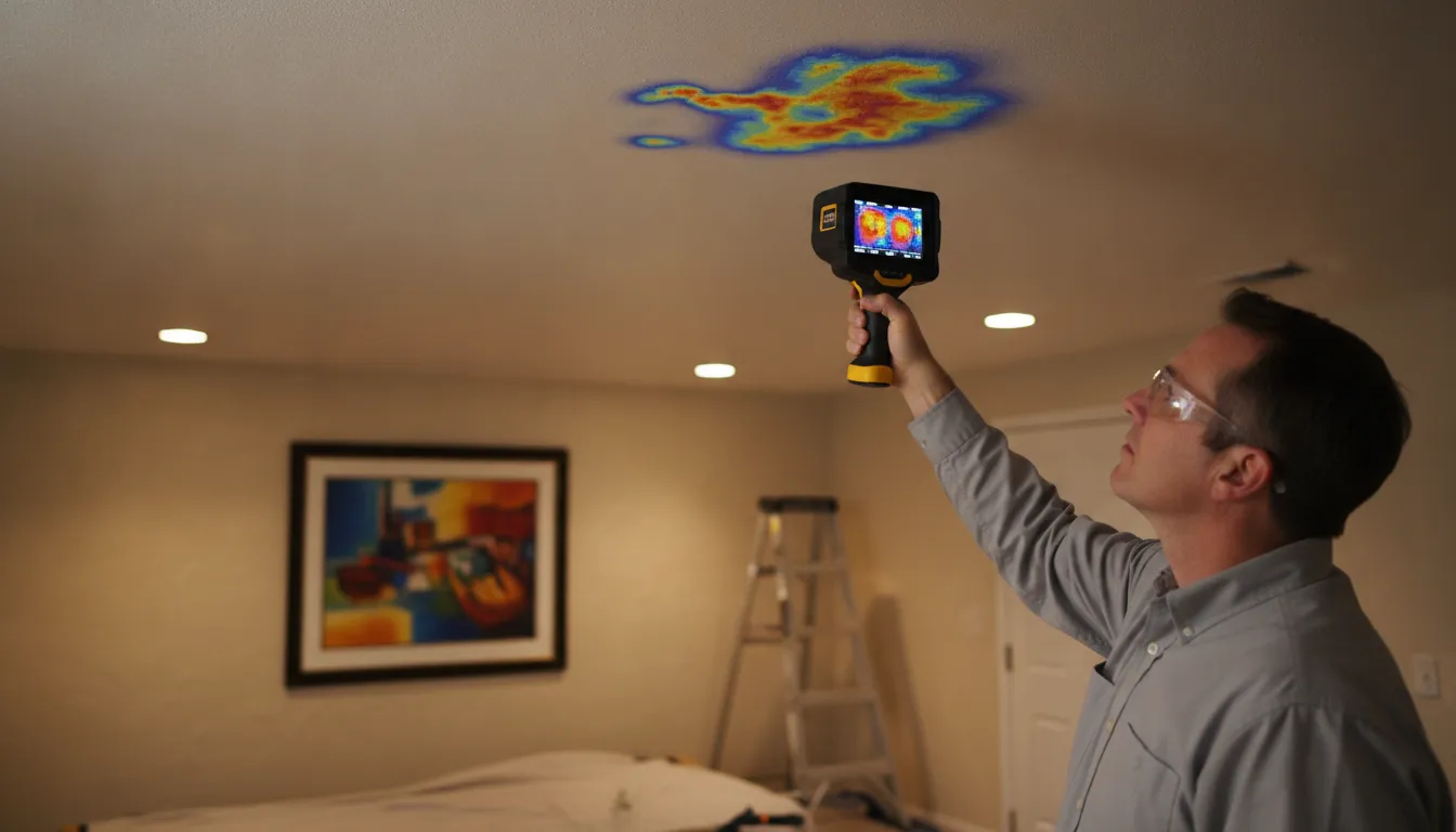 Thermal imaging camera detecting temperature patterns on a ceiling to locate hidden roof leak moisture