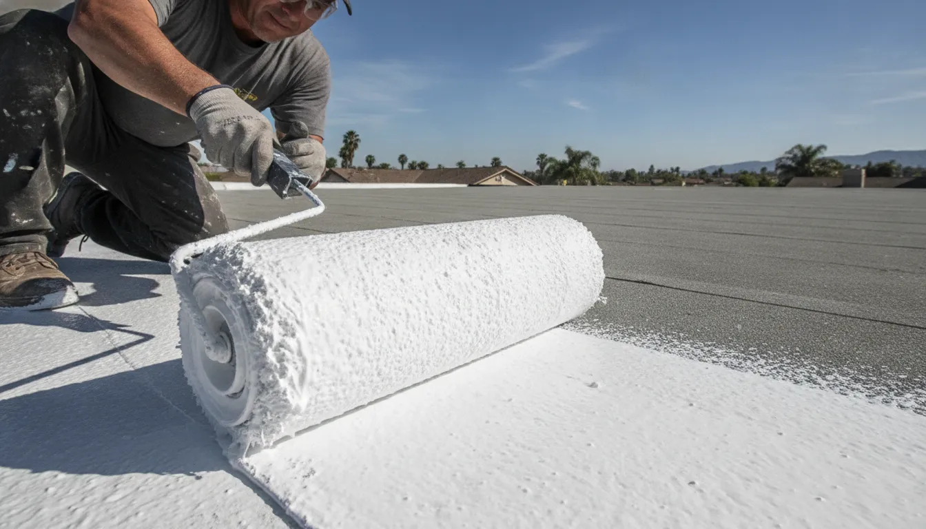 Professional roofing contractor applying cool reflective roof coating on a Southern California residential roof
