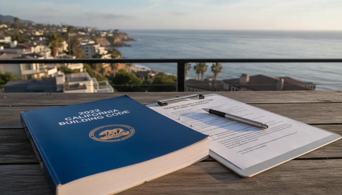Building code compliance documents and inspection clipboard on an Orange County balcony