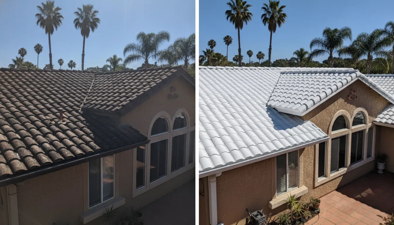 Side-by-side comparison showing a dark untreated roof section and a reflective white roof coating section on a Southern California home