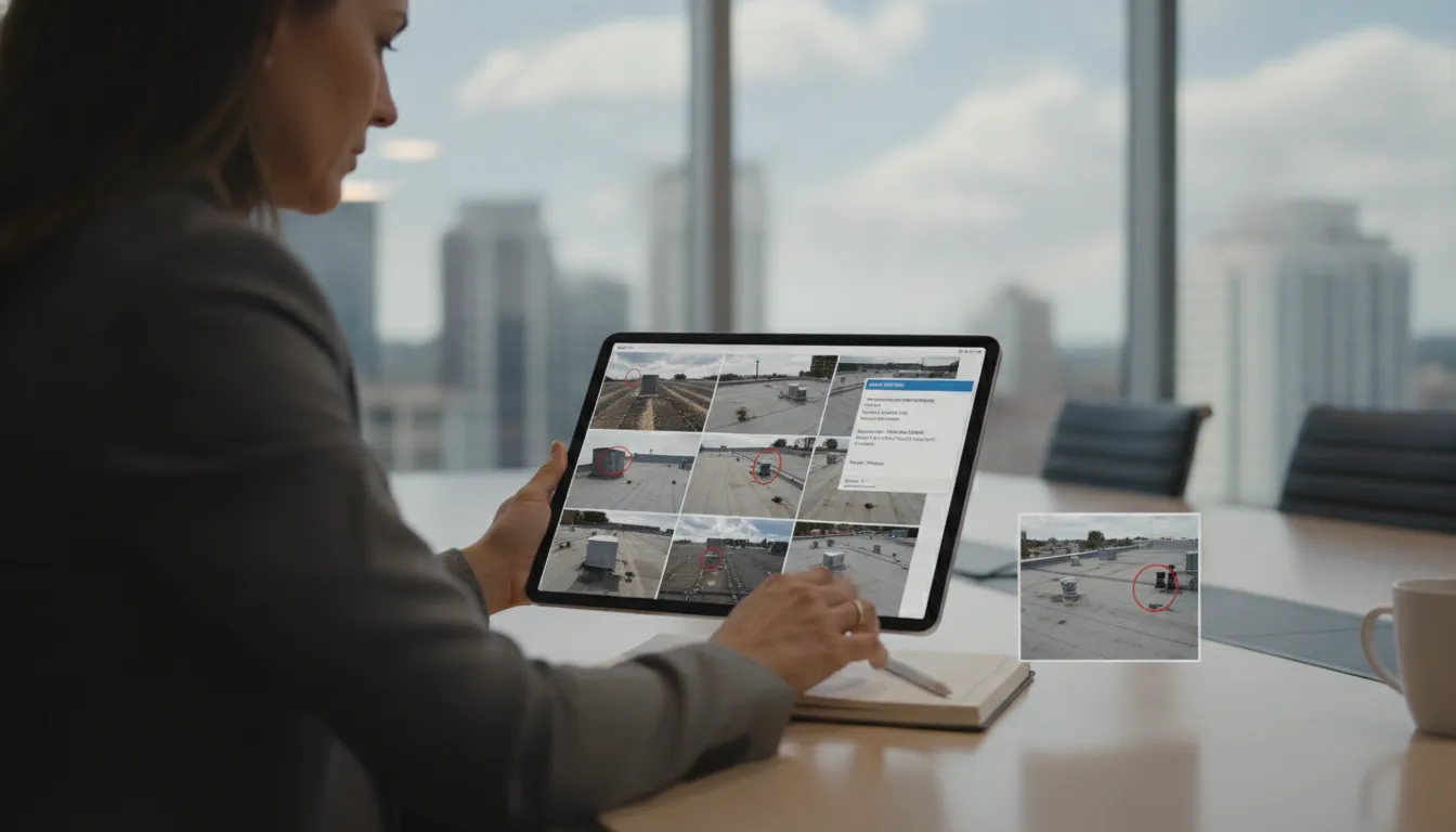 Commercial property manager reviewing digital roof inspection report and certification documents on tablet