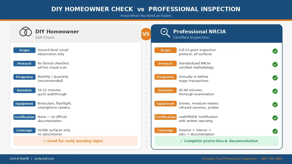 Comparison of DIY homeowner inspection vs professional NRCIA-certified roof inspection