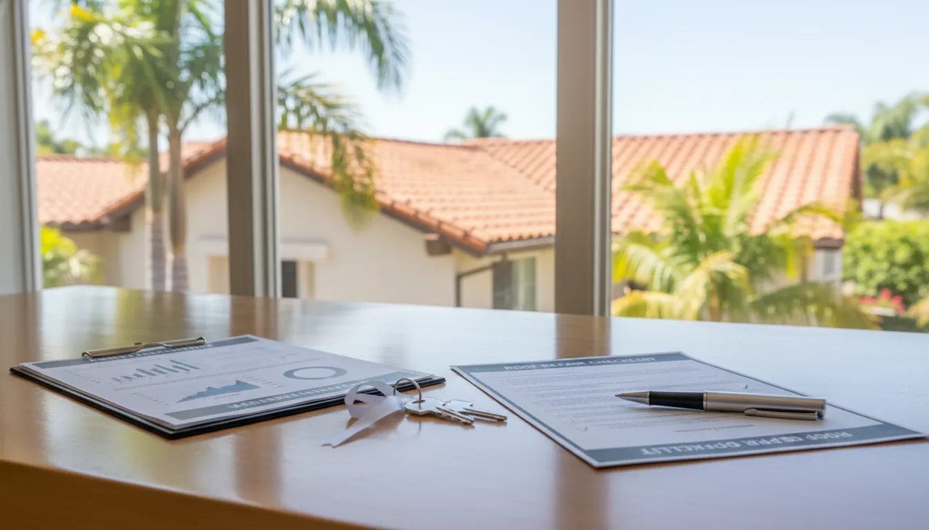 escrow roof repairs California documentation on a real estate closing desk