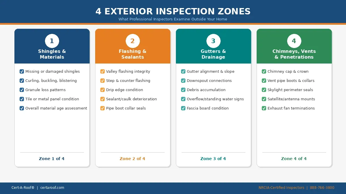 Four exterior roof inspection zones: materials, flashing, drainage, and penetrations