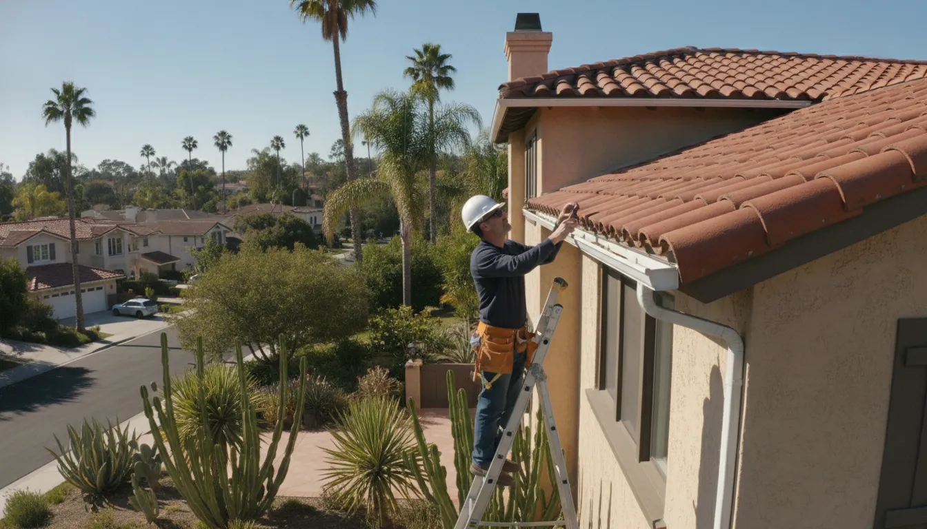 Homeowner using a ladder to clean rain gutters on a Southern California home with Spanish tile roof under a clear blue sky