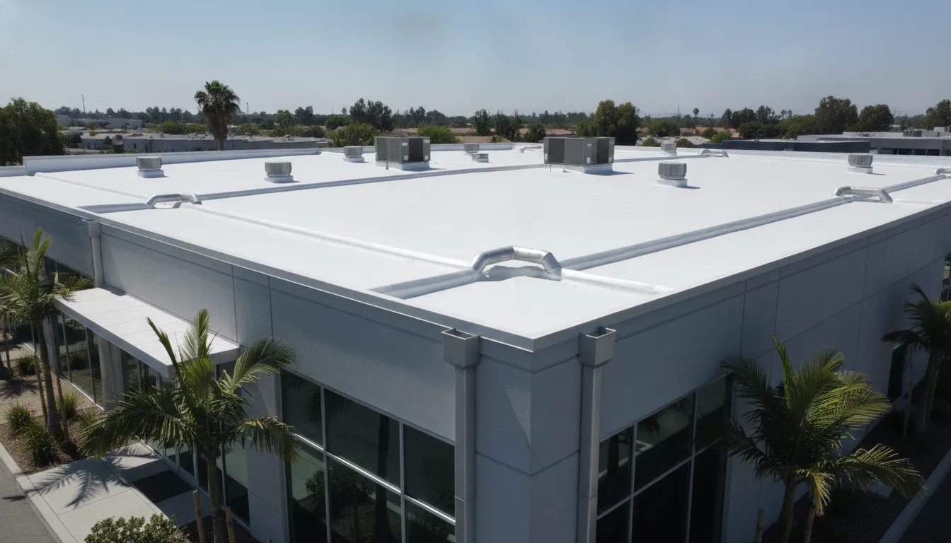 Modern flat roof commercial building in Southern California with clear drainage and white membrane surface