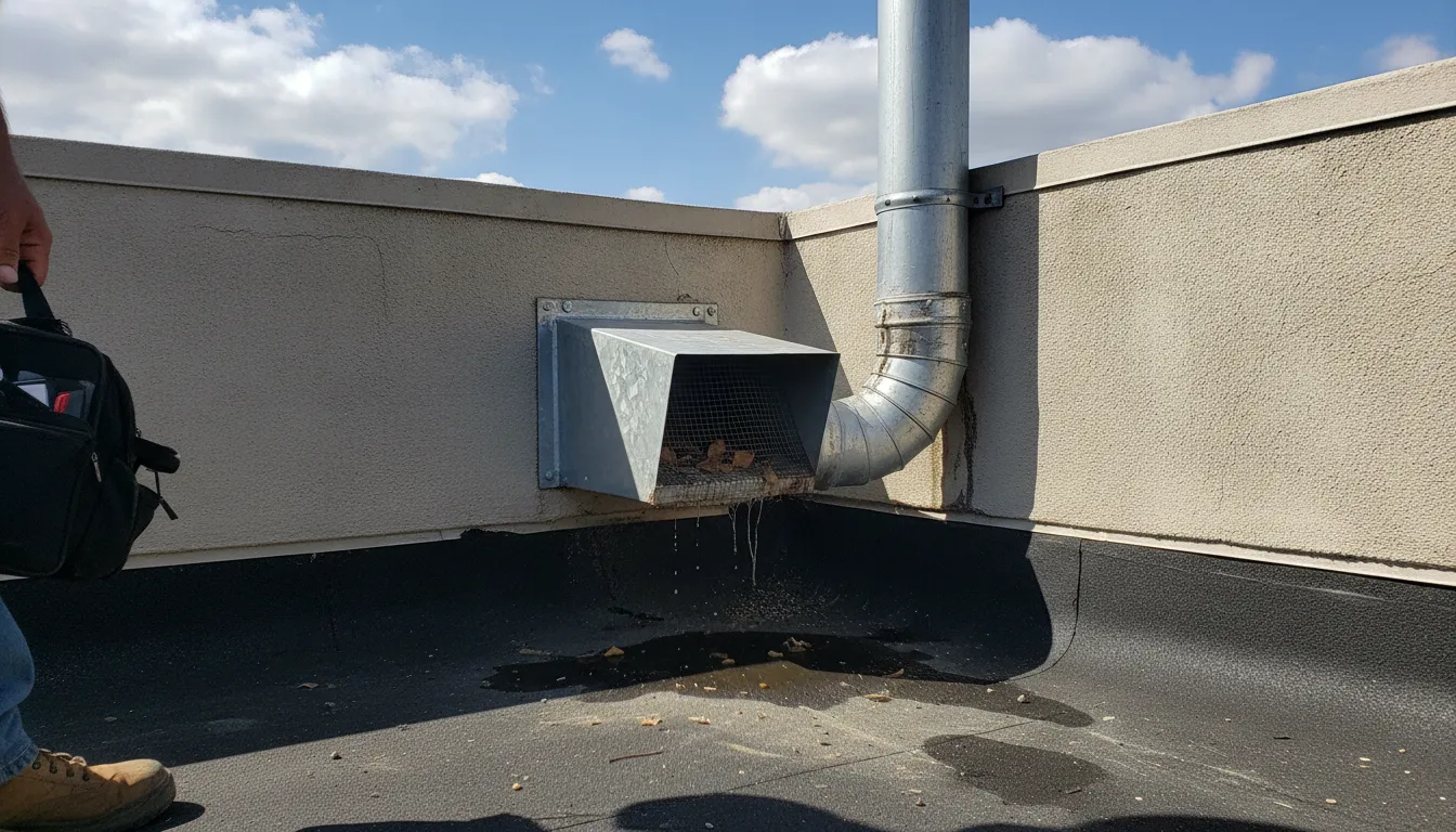 Close-up view of flat roof drainage scupper and downspout on a California commercial building