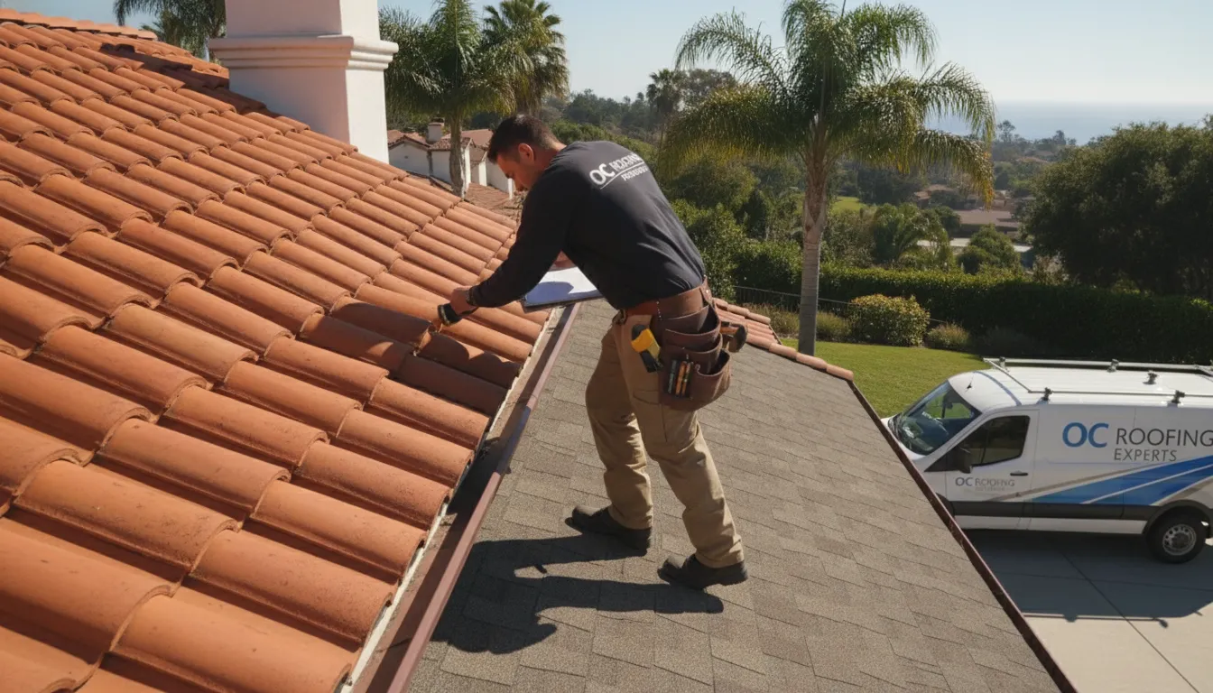 Professional roofer conducting a spring roof inspection on a residential tile roof in Orange County, checking for winter storm damage