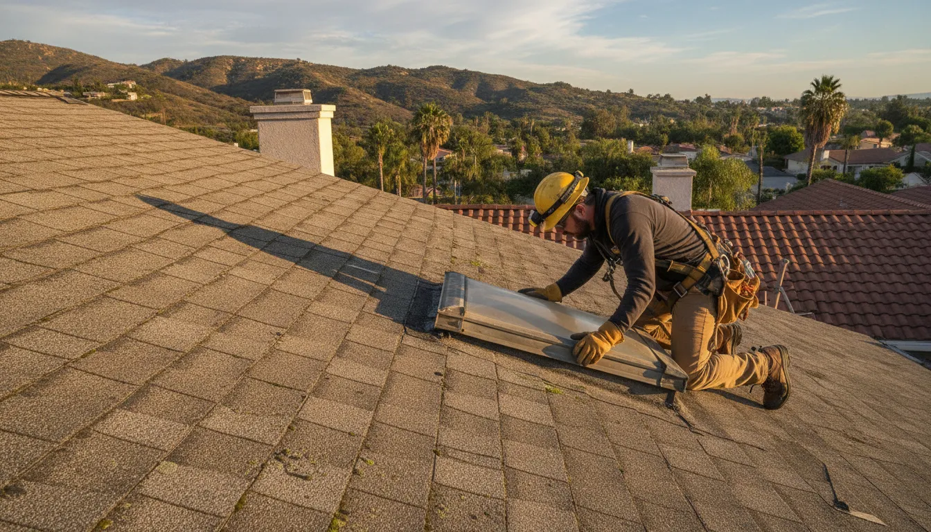 Certified inspector examining the condition of an aging Southern California roof