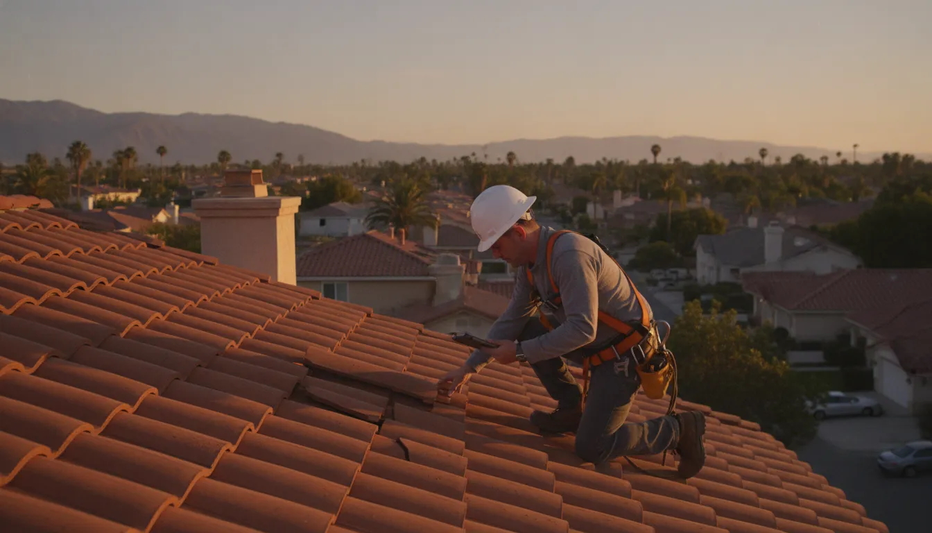 Professional roofing inspector in safety gear examining tile roof condition on a Southern California residential home