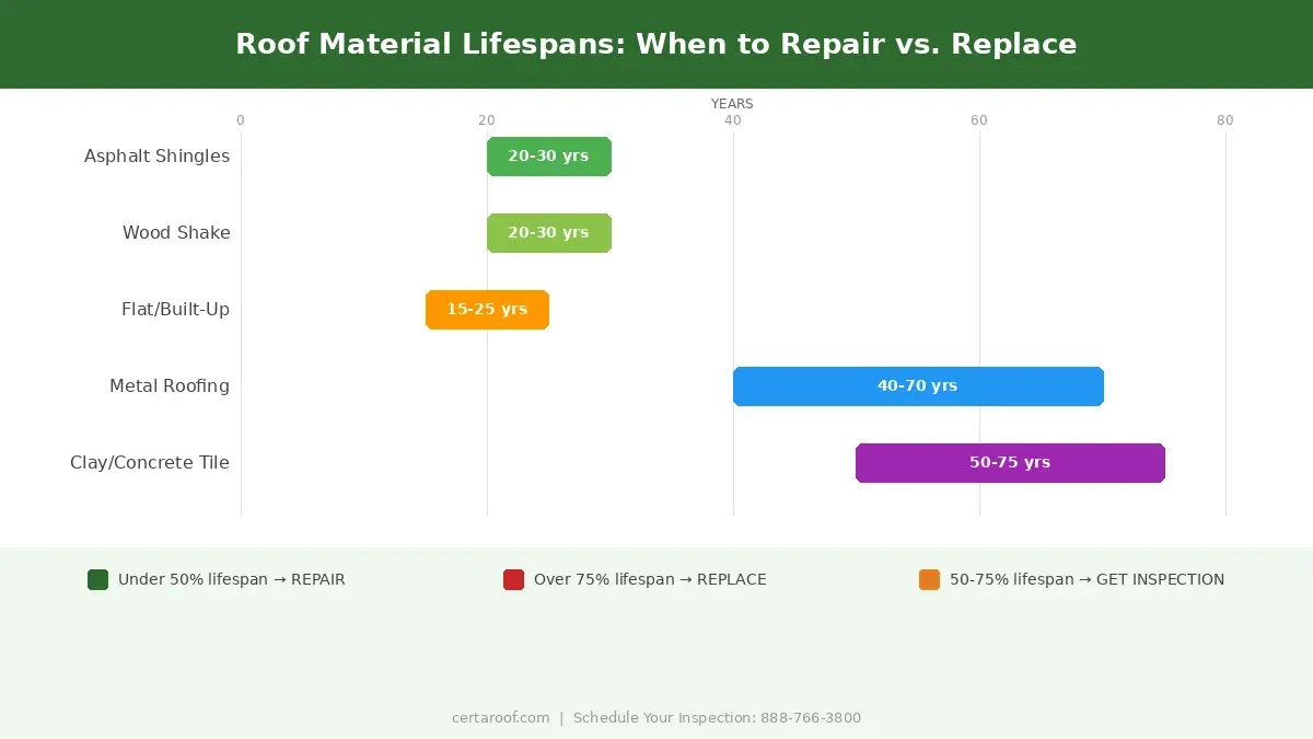 Chart showing roof material lifespans and when to repair vs replace for each type