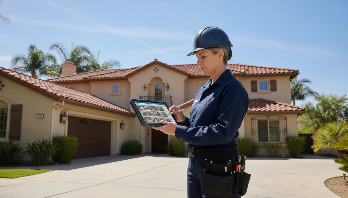 Certified inspector reviewing a roof inspection report example on a tablet
