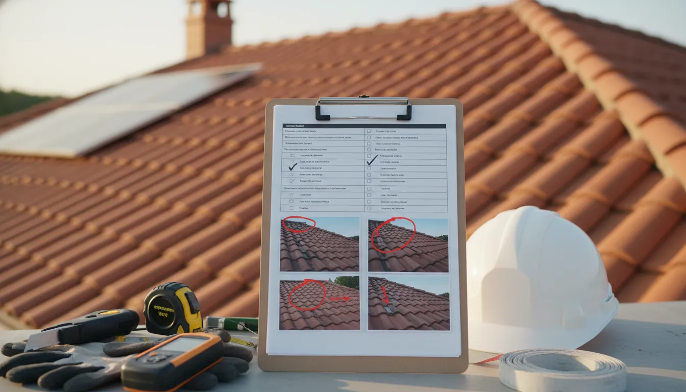 Roof inspection photos and checklist used to interpret report findings