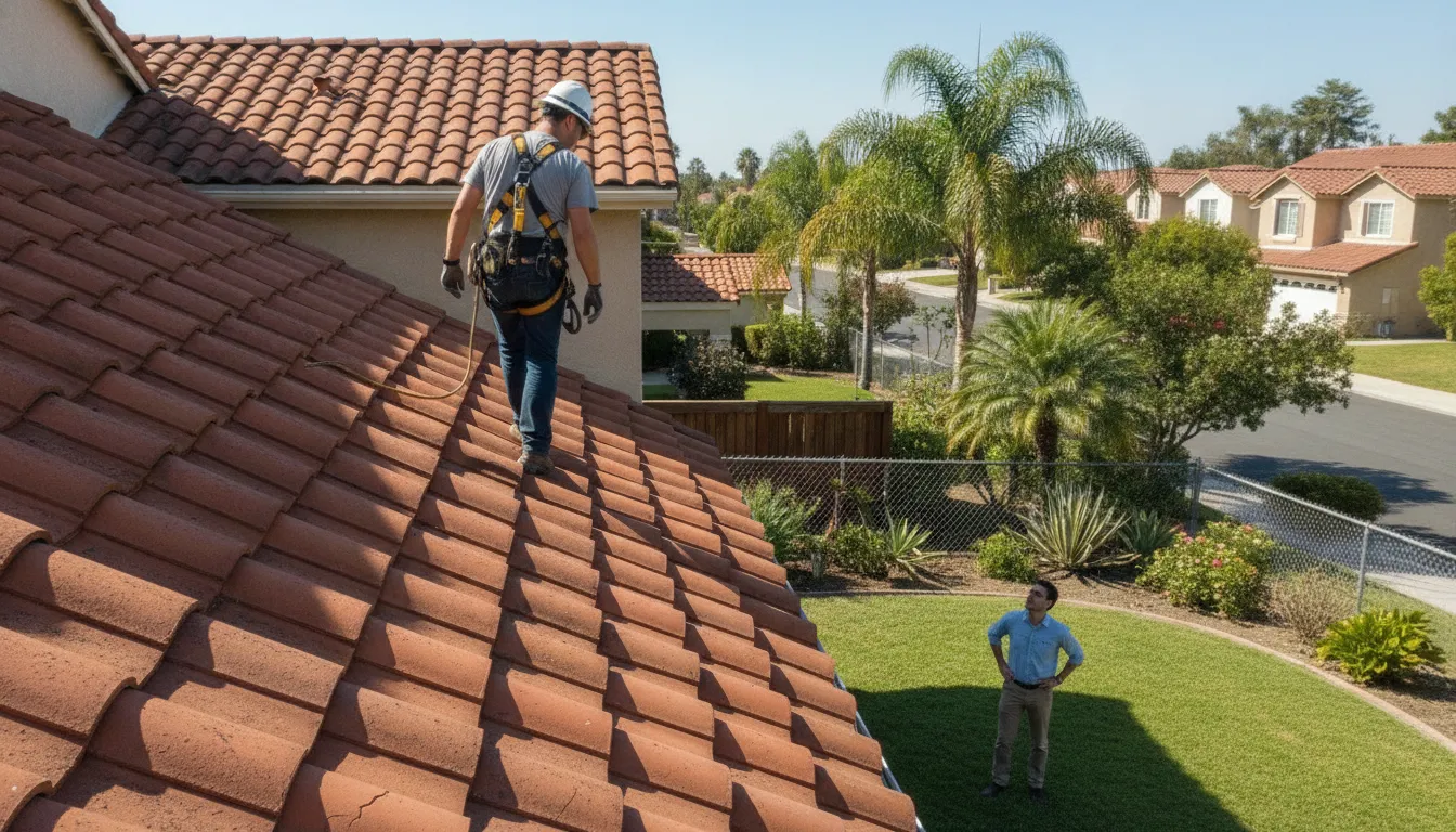 Roof inspector examining an older California tile roof before a home purchase