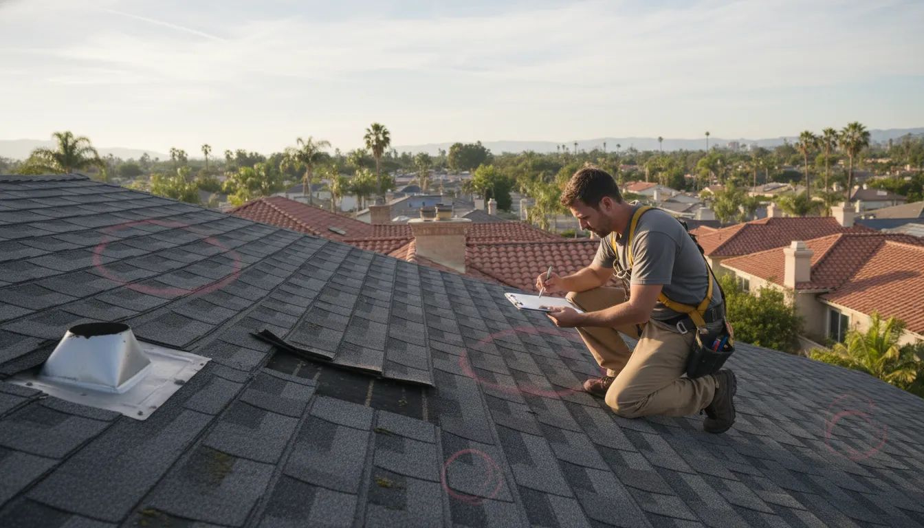 Roof inspector documenting roof inspection repairs after a failed roof inspection