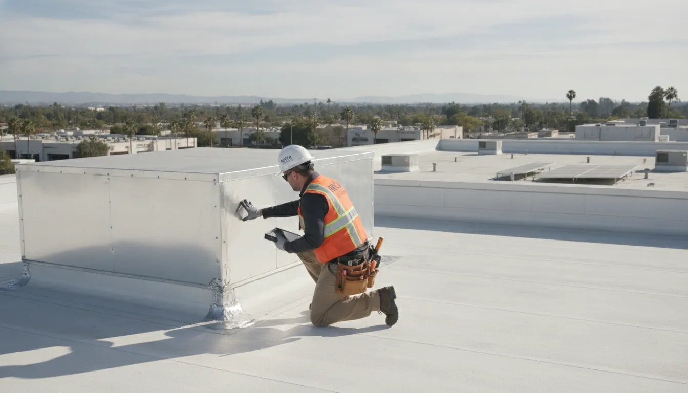 NRCIA-certified inspector walking on commercial roof inspecting seams and flashing in Orange County California
