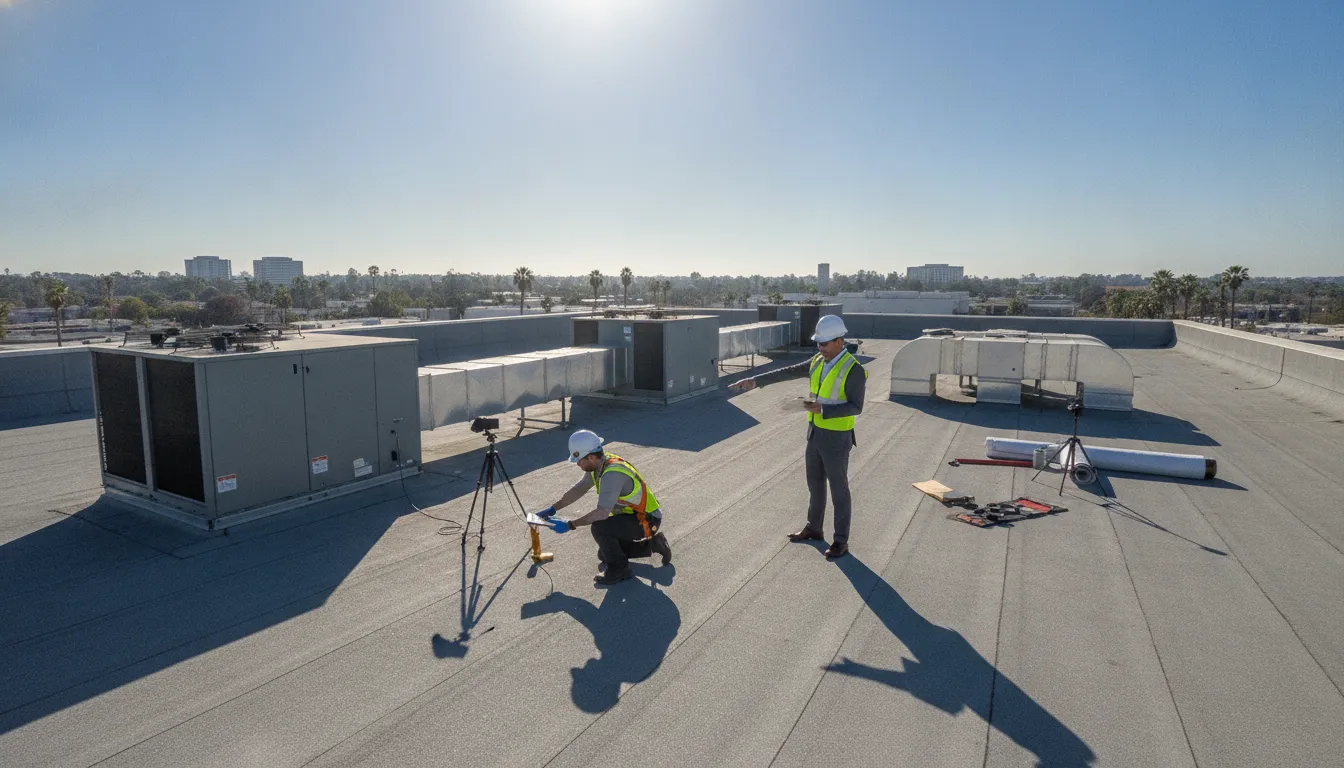 Inspector documenting roof maintenance plans Orange County commercial building conditions