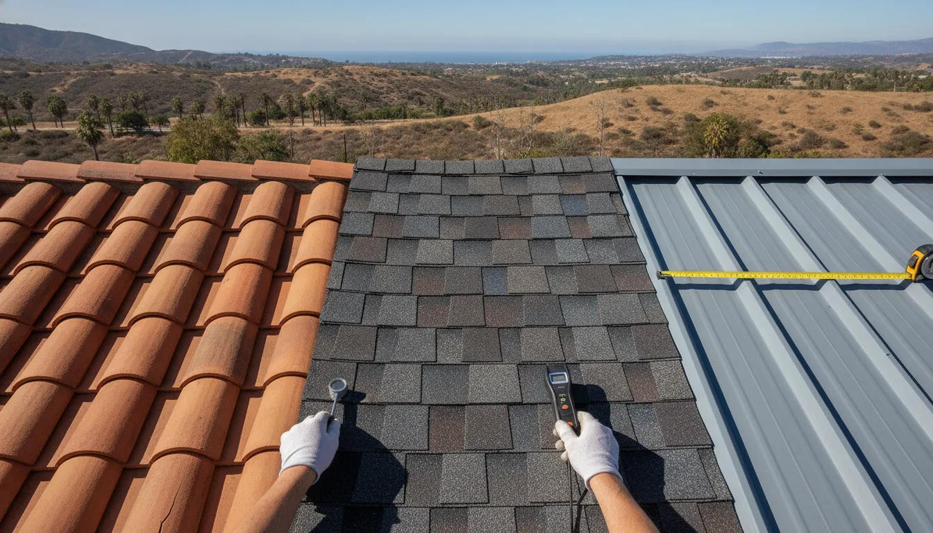 Asphalt shingle, clay tile, and metal roofing materials inspected for wear