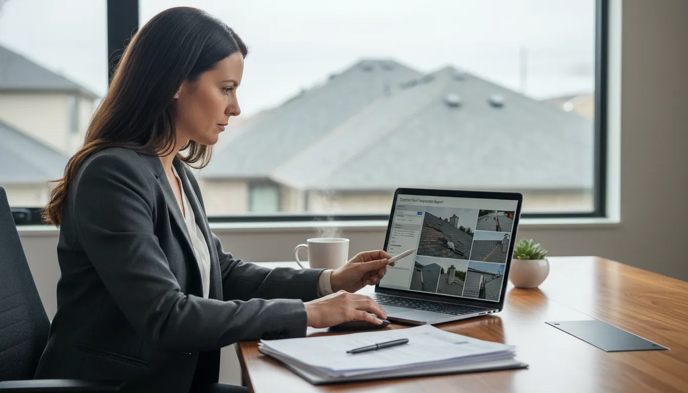 Roof certification for insurance report reviewed by an insurance underwriter