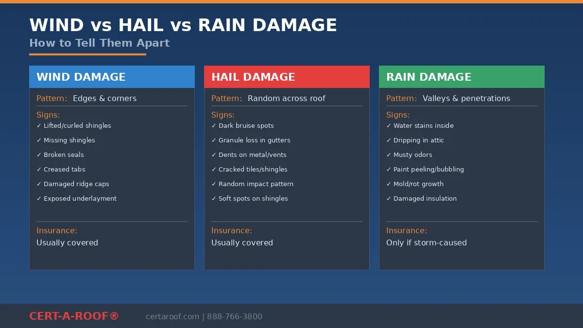 Side by side examples of wind and hail damage roof warning signs