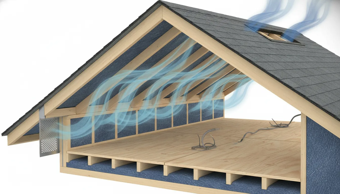 Soffit intake and ridge exhaust airflow for roof ventilation in Southern California