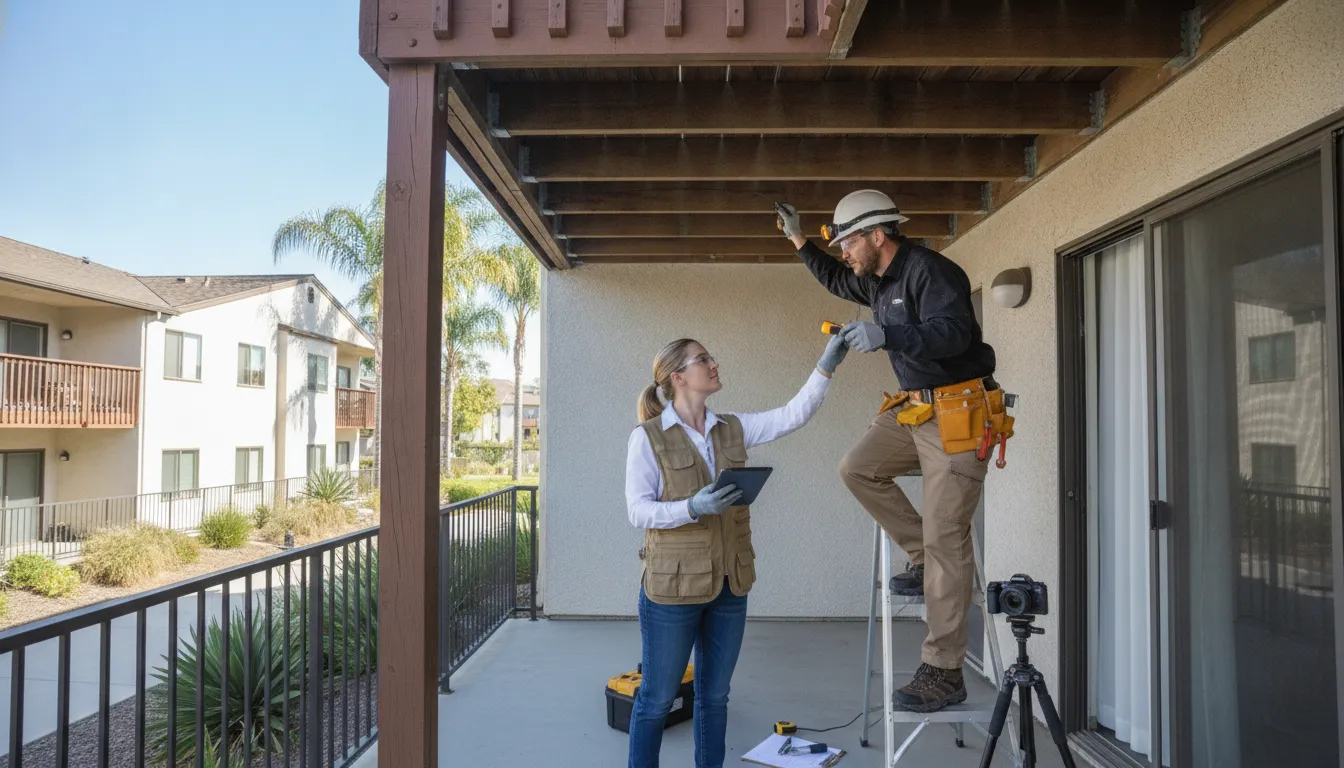Inspector preparing for the SB 721 reinspection timeline at a California apartment balcony