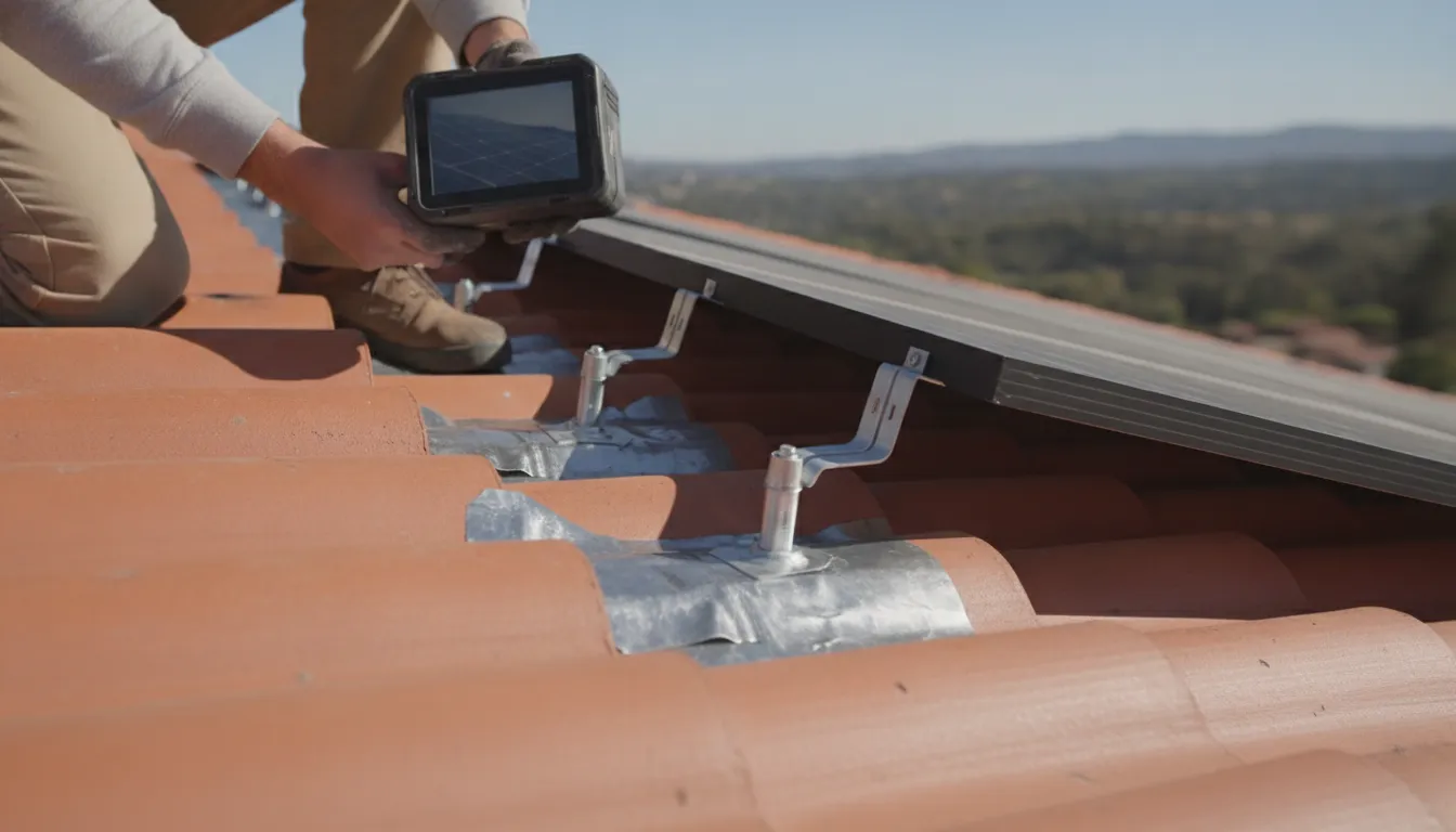 Inspector documenting solar panel roof mounting points and waterproof flashing
