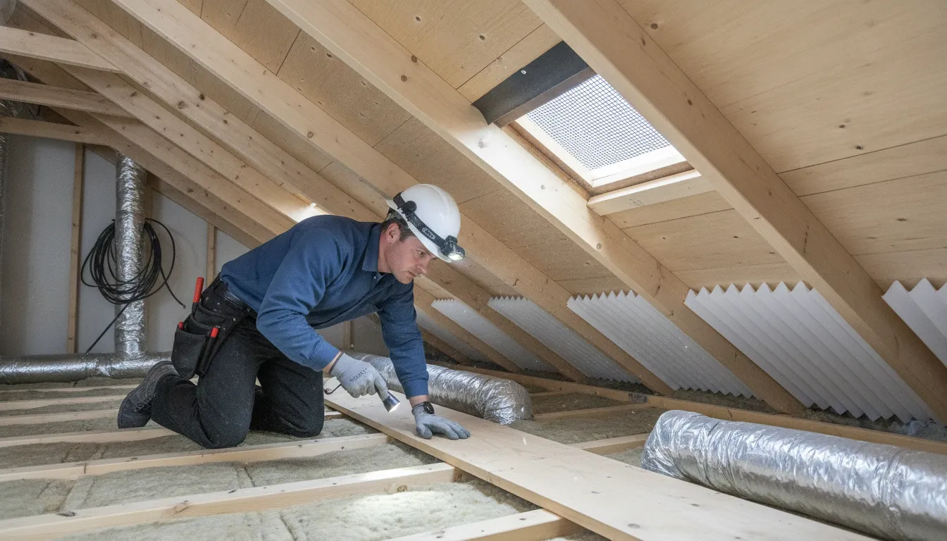 Certified roof inspector checking attic ventilation and roof decking