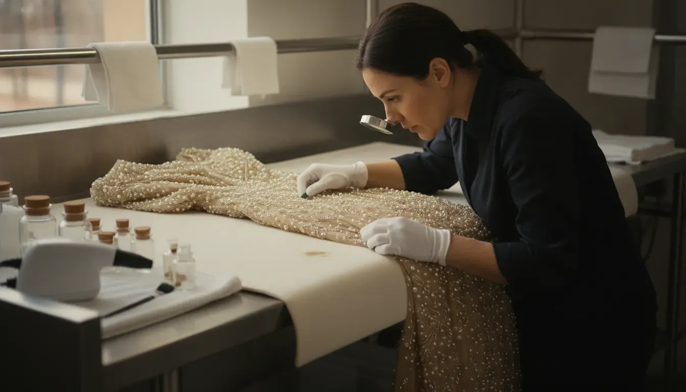 Garment-care specialist inspecting a delicate embellished dress before selecting a cleaning method