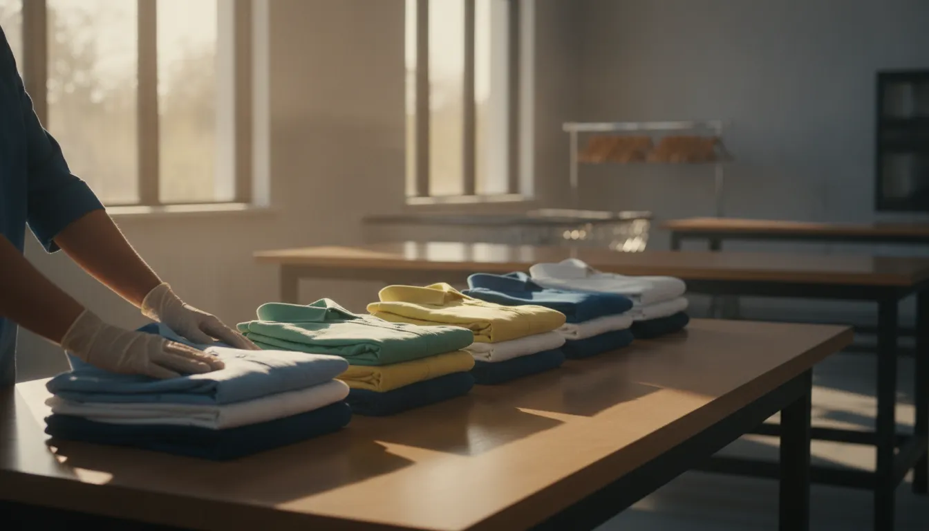 Neatly folded clean laundry stacked in a bright professional wash and fold facility