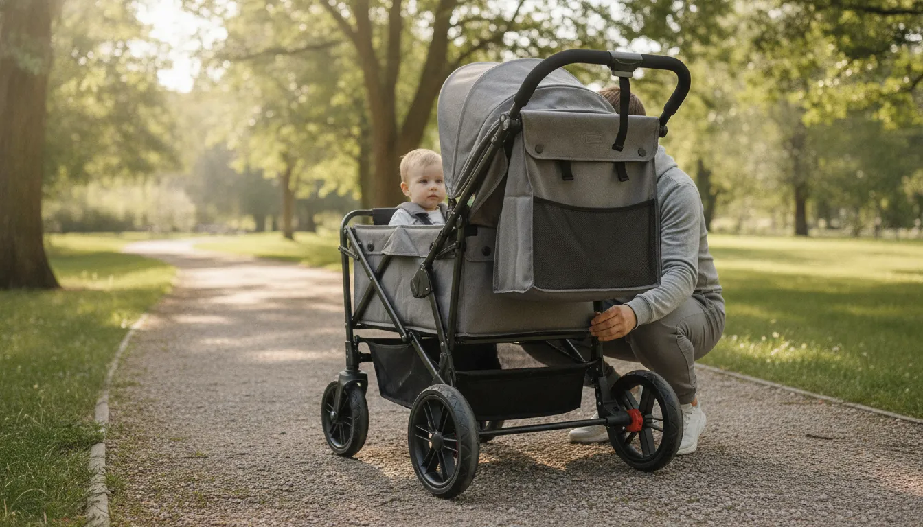 Parent checking a stroller wagon wheel brake before a family walk