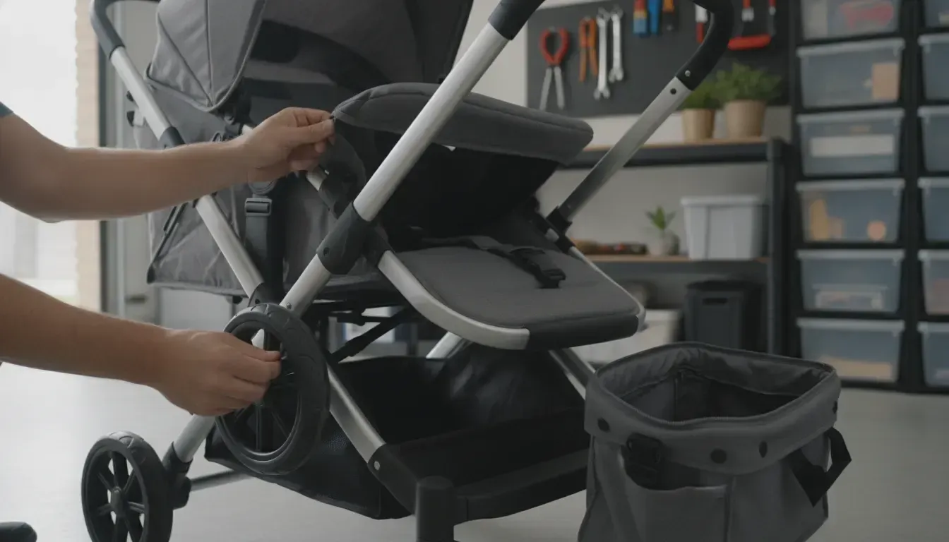 Parent inspecting a stroller wagon wheel, canopy fabric, and replacement parts