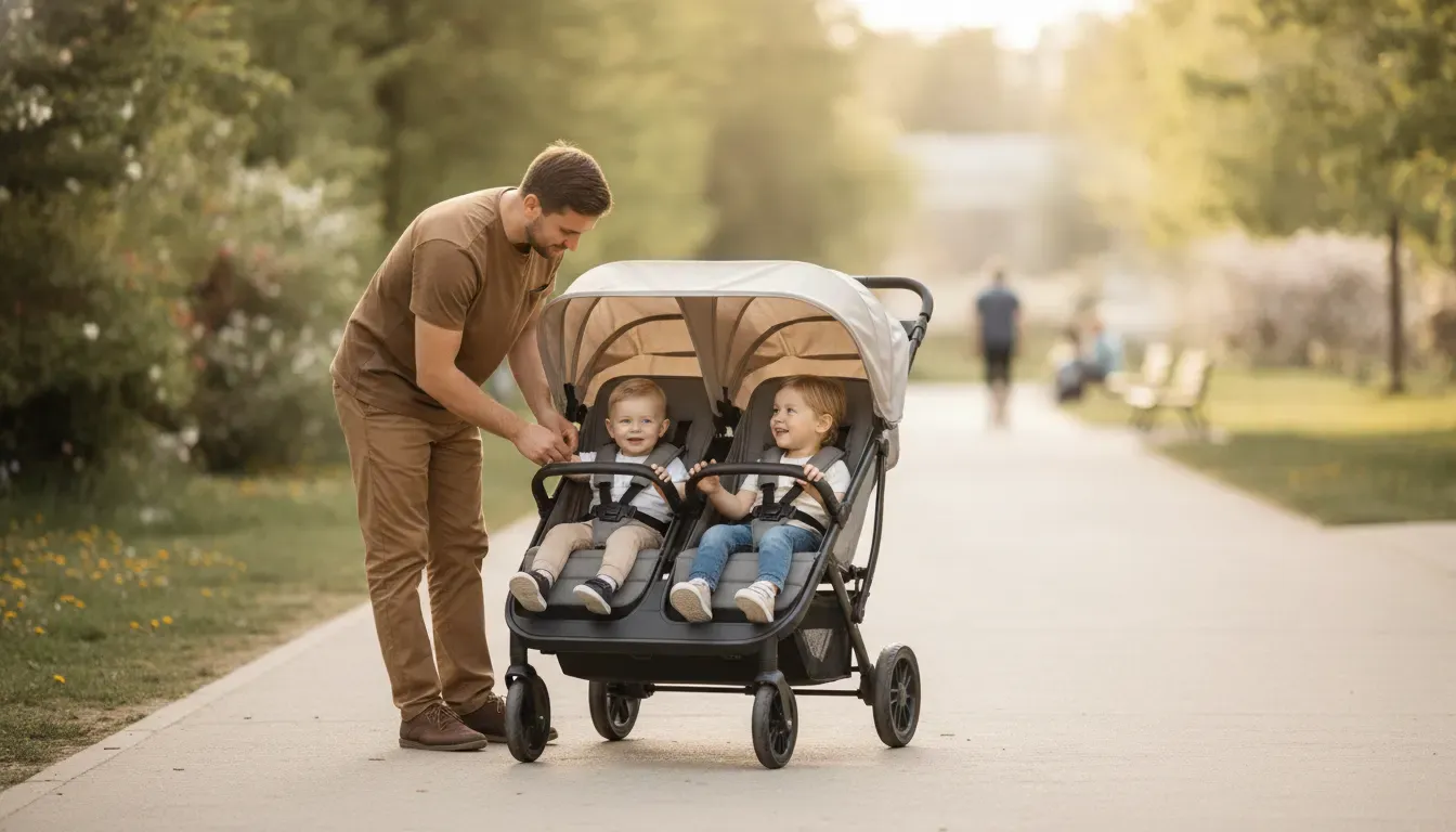 Two children of different ages riding in a stroller wagon with harnesses secured